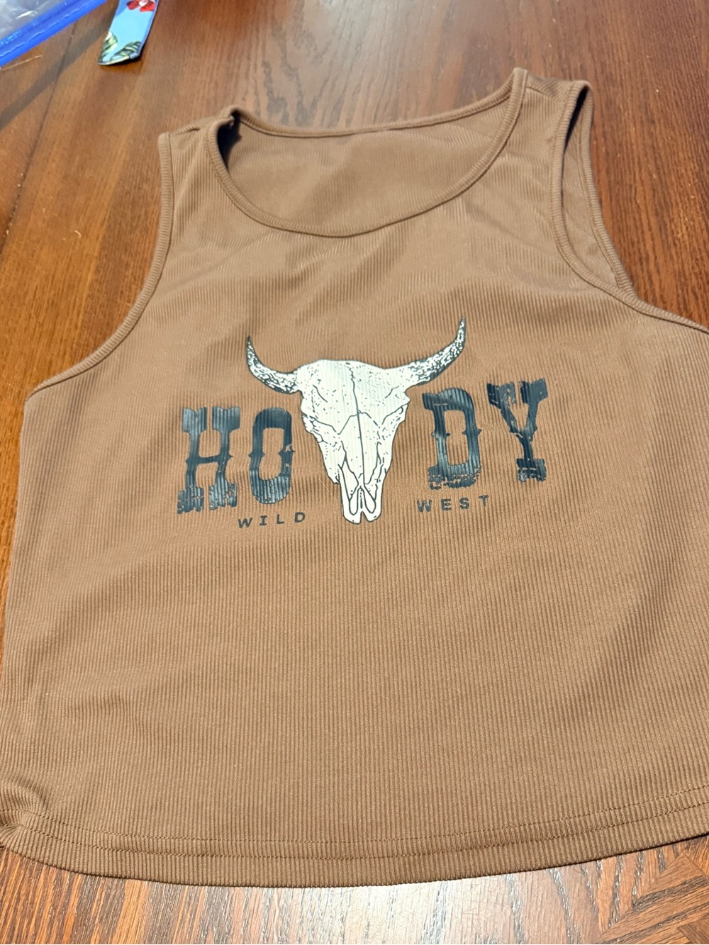 Women’s SHEIN Crop Fitted Tank Top 0X Brown Western Howdy Cow Skull XL L Country